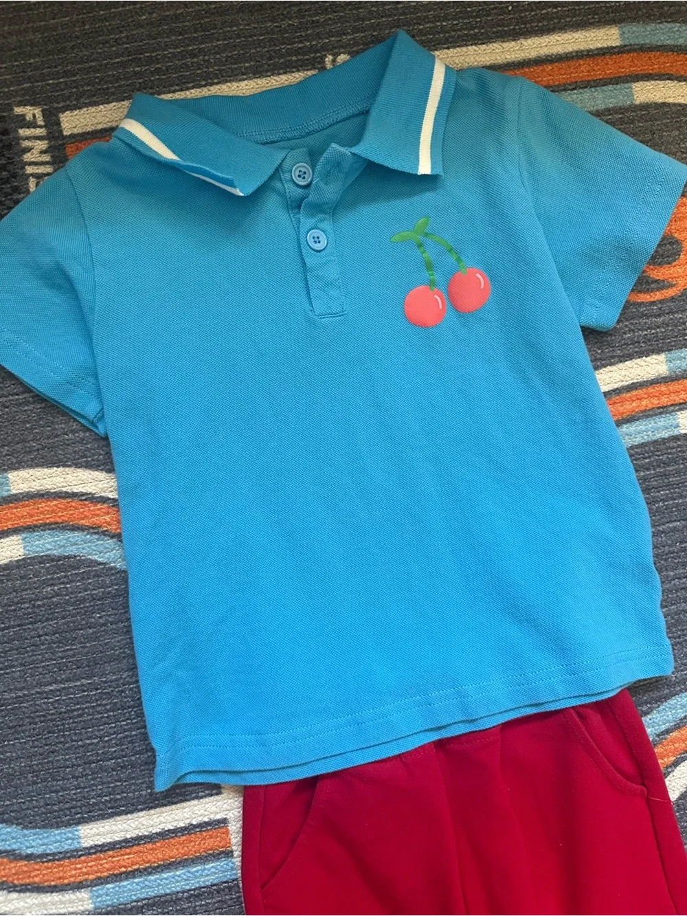 Kids Blue Cherries Polo Top and Red Pants Set
